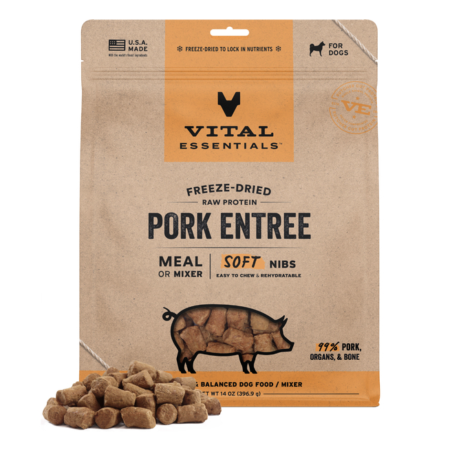 Load image into Gallery viewer, Vital Essentials Freeze Dried Pork Entree &amp; Mixer Soft Nibs 14 oz
