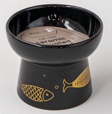 Dexypaws Cat Elevated Ceramic Bowl Black & Gold Fish